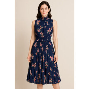 Nanette Lepore Cocktail Dress Navy Pink Floral Pleated Smocked Waist Size 12